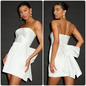 Lulus Womens Graduation Soiree Hour White Satin Strapless Bow Mini Dress Size L‎